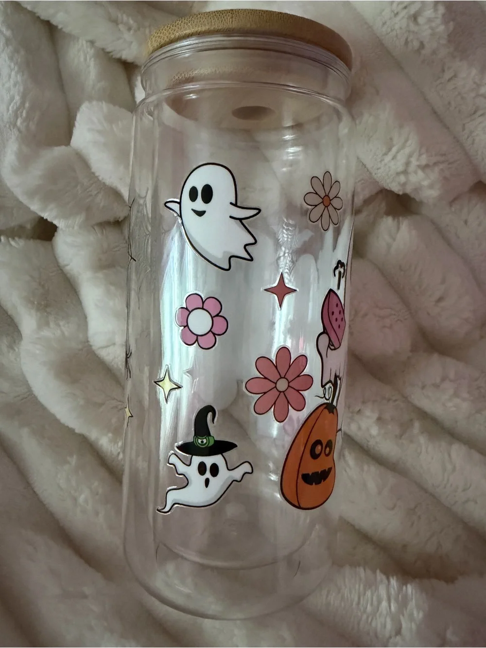 Clear Glass Tumbler with Cute Halloween & Floral Decals